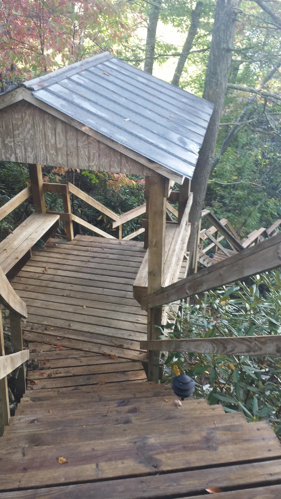 Metal roofed shelter over wooden steps on a wooded walkway — Skylight Repair & Installation work by our crew in Gratz